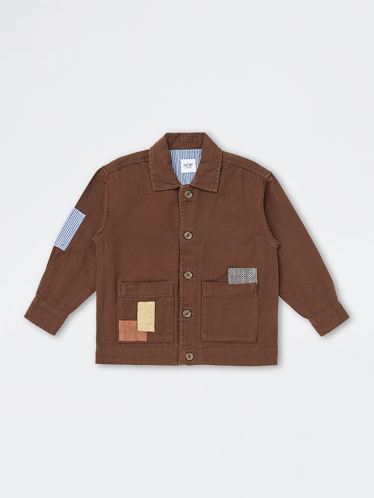 HOP Kids Boys Dark Brown Patchwork-Detail Denim Jacket