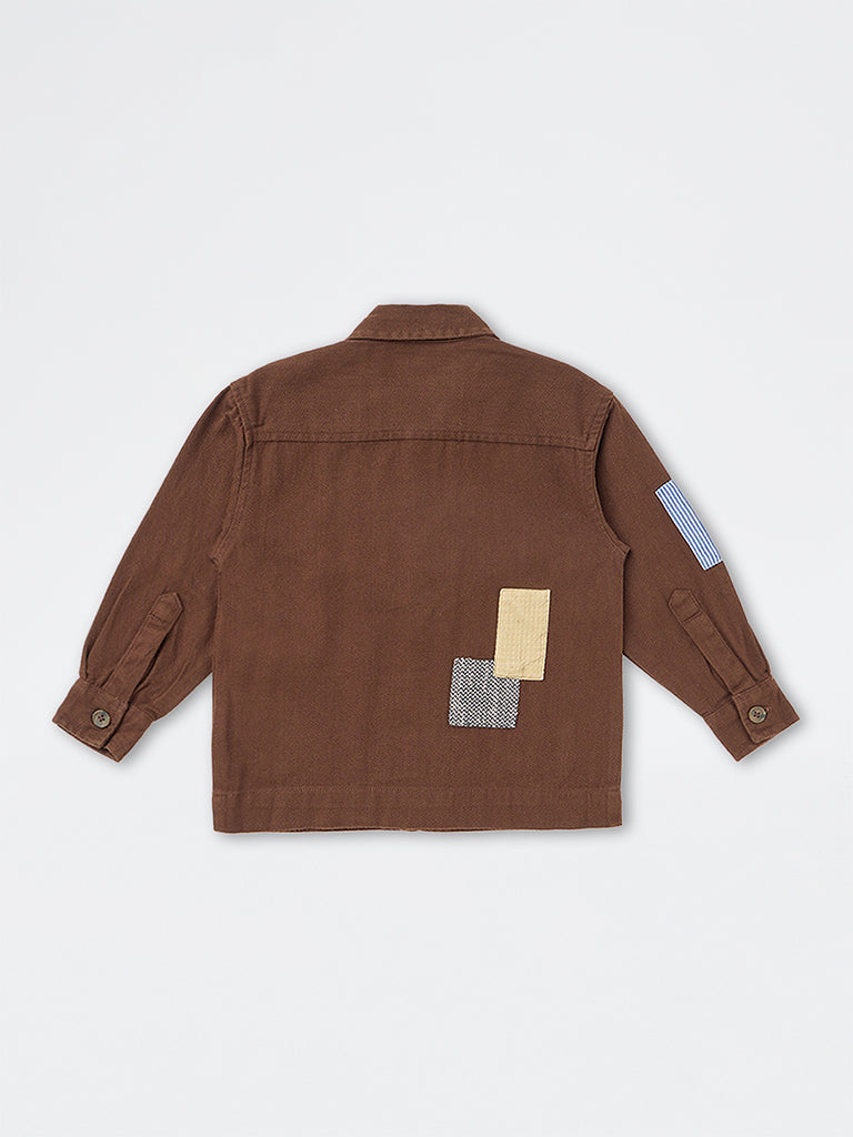 HOP Kids Boys Dark Brown Patchwork-Detail Denim Jacket