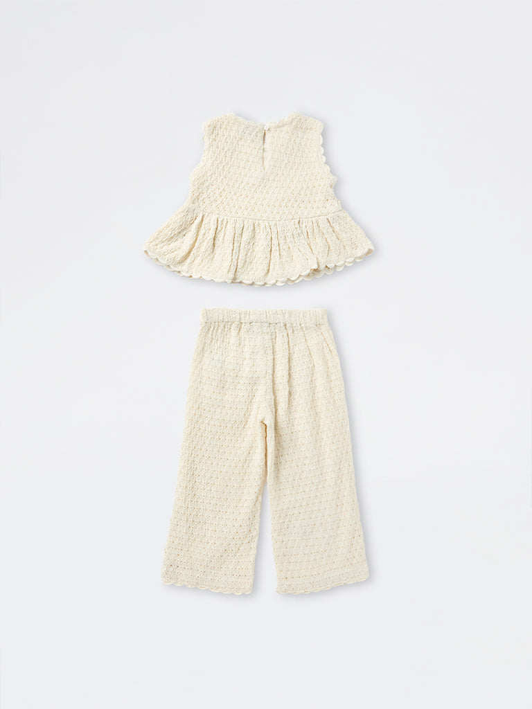 HOP Kids Girls Cream Floral Embroidered Crochet Cotton Top and Pants Set