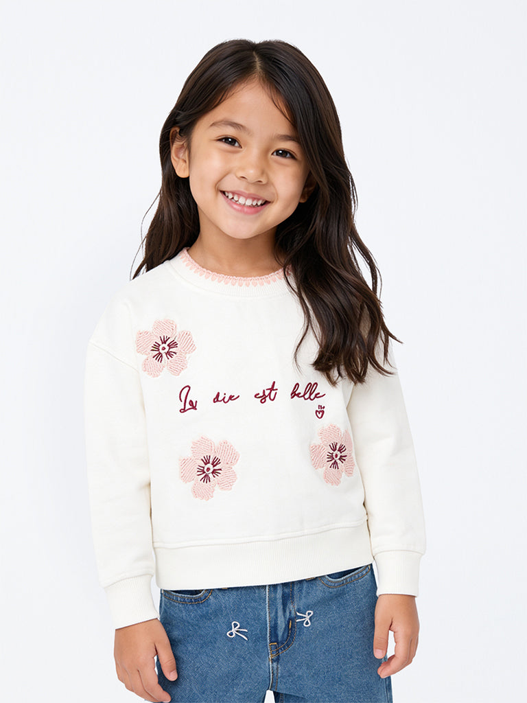 HOP Kids Girls Off-White Floral Embroidered Cotton-Blend Sweatshirt