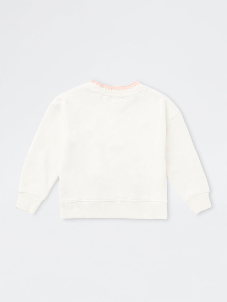 HOP Kids Girls Off-White Floral Embroidered Cotton-Blend Sweatshirt