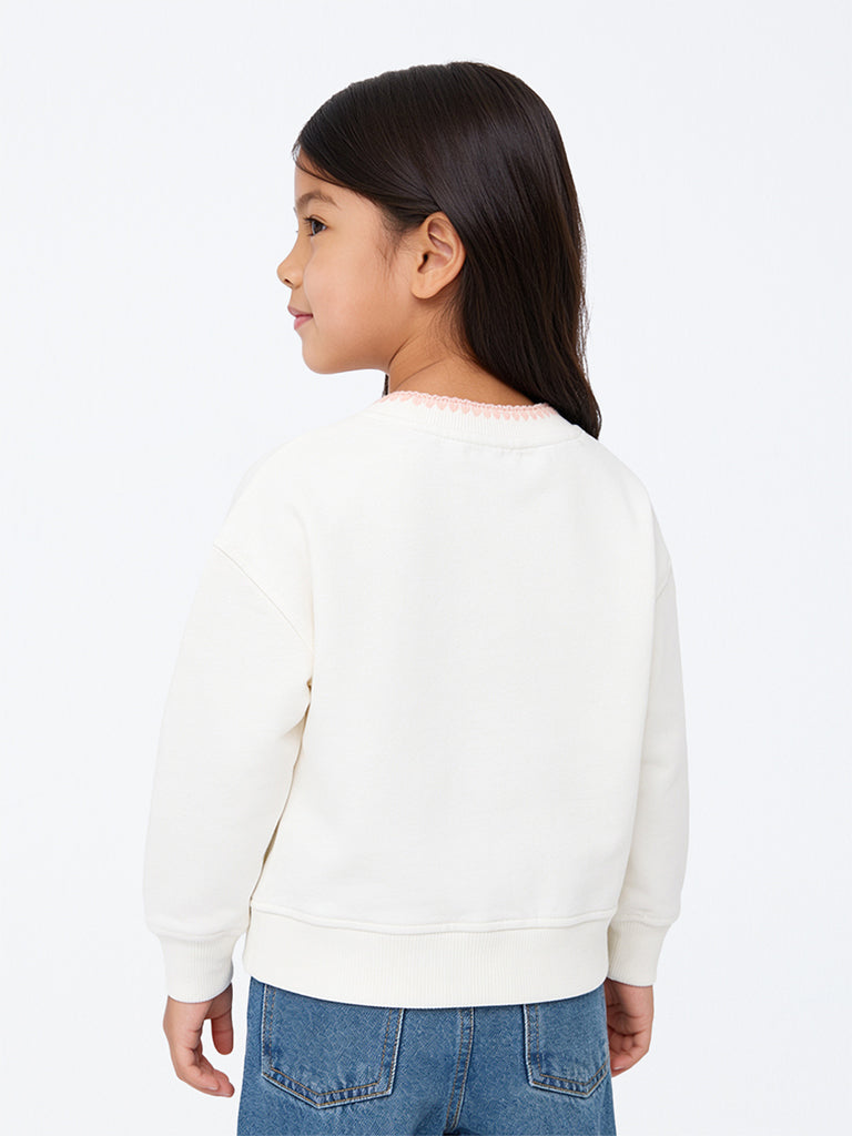 HOP Kids Girls Off-White Floral Embroidered Cotton-Blend Sweatshirt