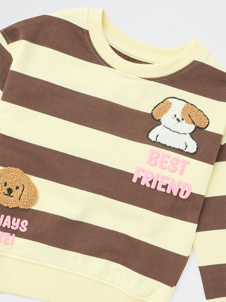 HOP Kids Girls Light Yellow Striped Cotton-Blend Sweatshirt