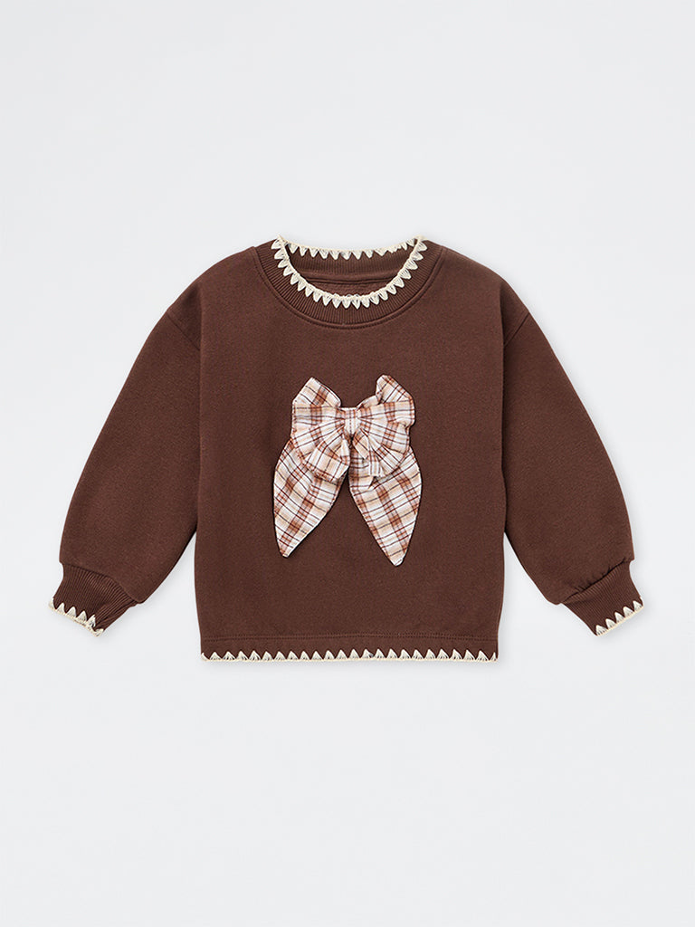 HOP Kids Girls Brown Bow Detailed Cotton-Blend Sweatshirt