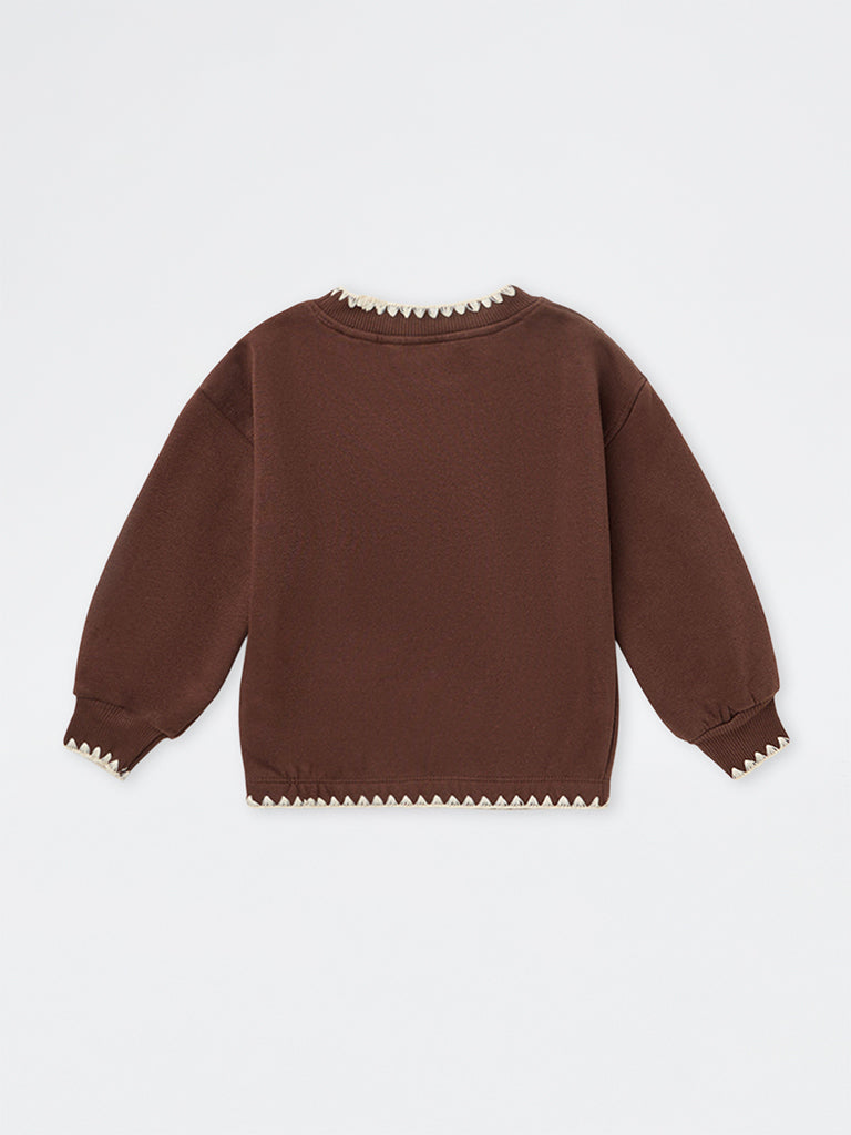 HOP Kids Girls Brown Bow Detailed Cotton-Blend Sweatshirt