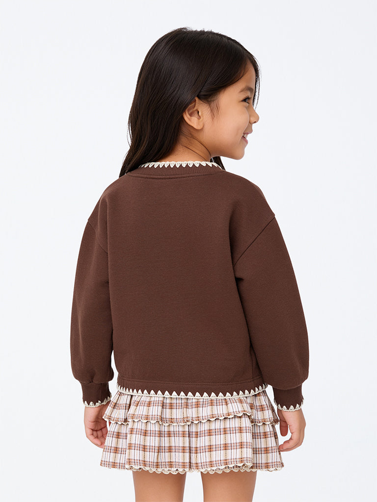 HOP Kids Girls Brown Bow Detailed Cotton-Blend Sweatshirt