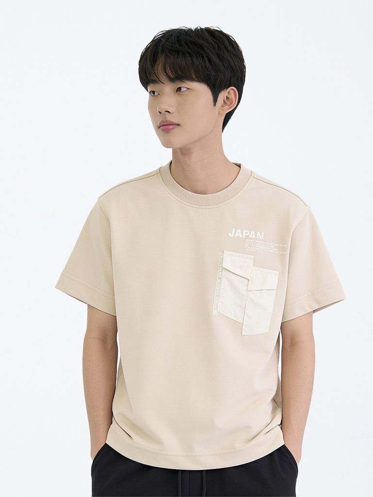 Boys Beige Text Design Cotton-Blend T-Shirt