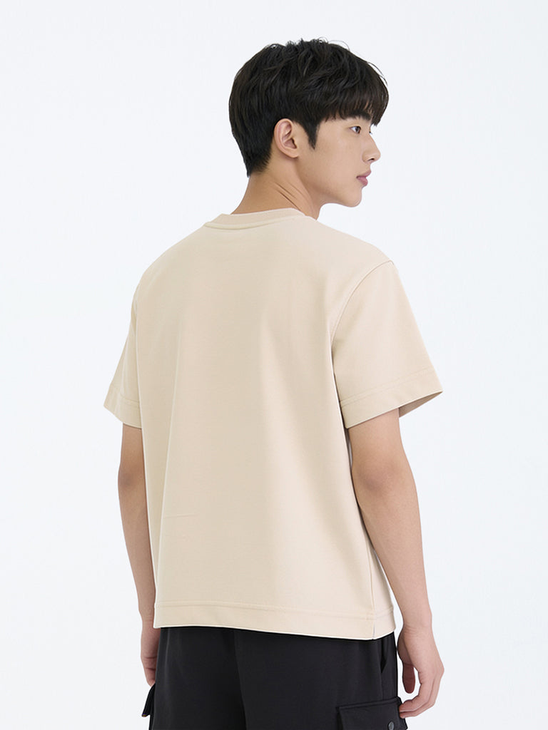 Boys Beige Text Design Cotton-Blend T-Shirt