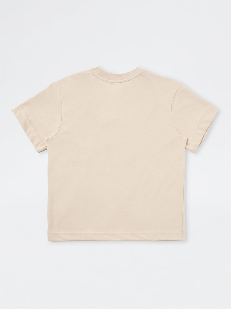 Boys Beige Text Design Cotton-Blend T-Shirt