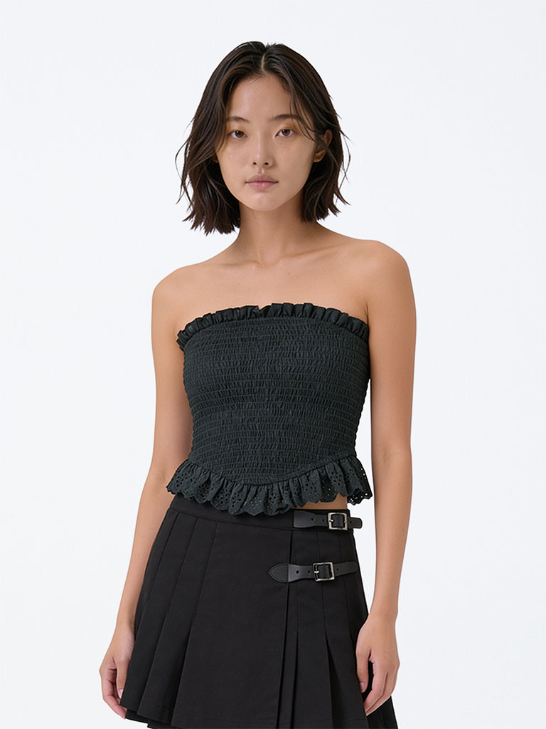 Girls Black Smocked Cotton Tube Top