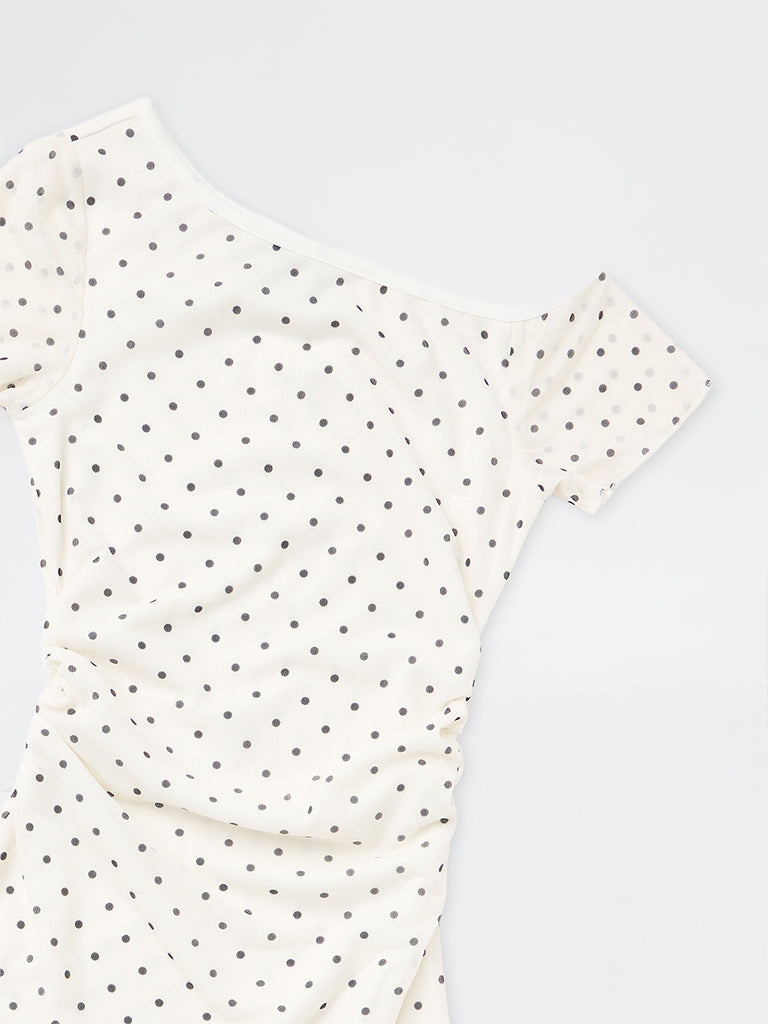 Girls Off-White Polka Dot One-Shoulder Dress