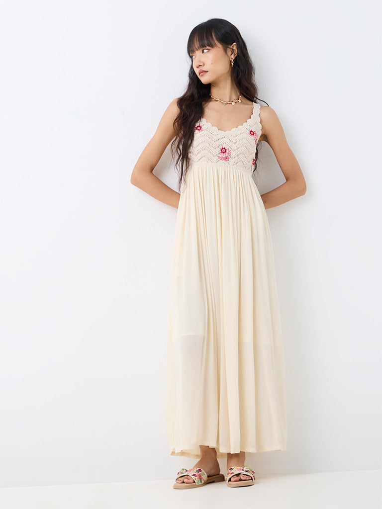 Bombay Paisley Off-White Crochet Embroidered Empire Line Dress