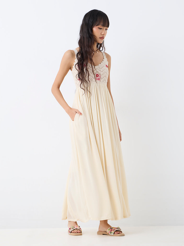 Bombay Paisley Off-White Crochet Embroidered Empire Line Dress