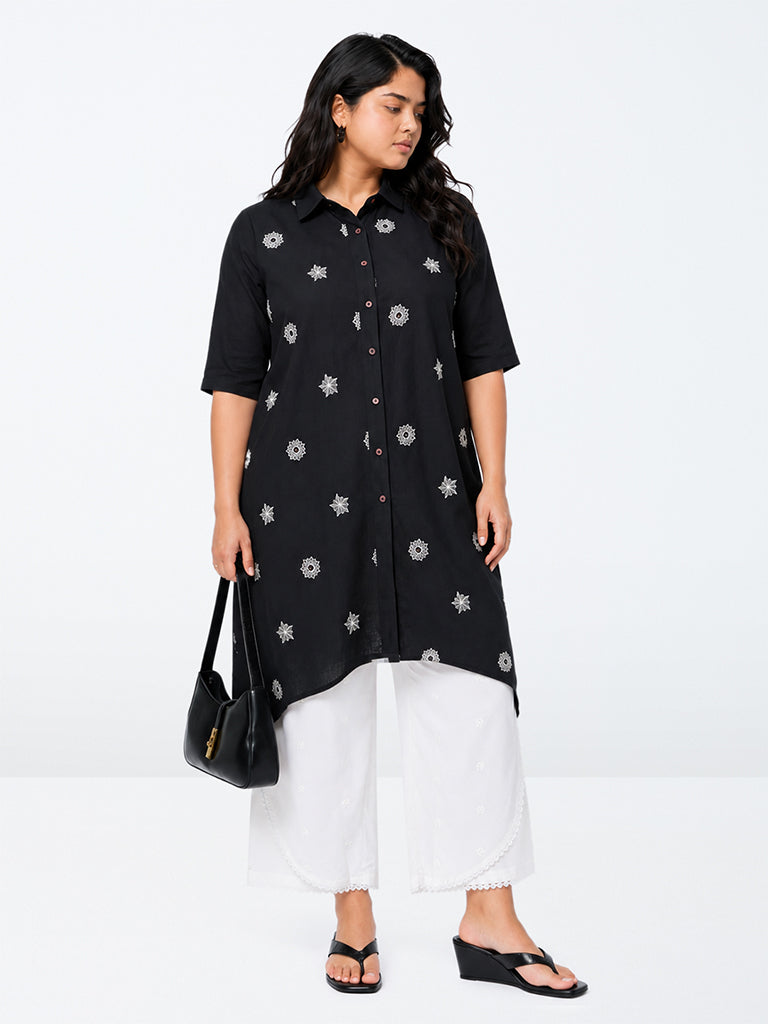 Diza White Floral Embroidered Cotton Pants