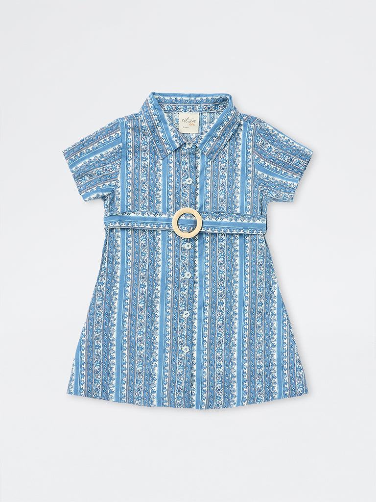 Utsa Kids Girls Blue Floral Printed Cotton Shirt Dress with Belt (2-8 yrs)