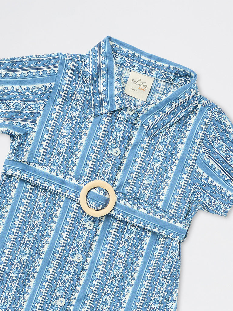 Utsa Kids Girls Blue Floral Printed Cotton Shirt Dress with Belt (2-8 yrs)