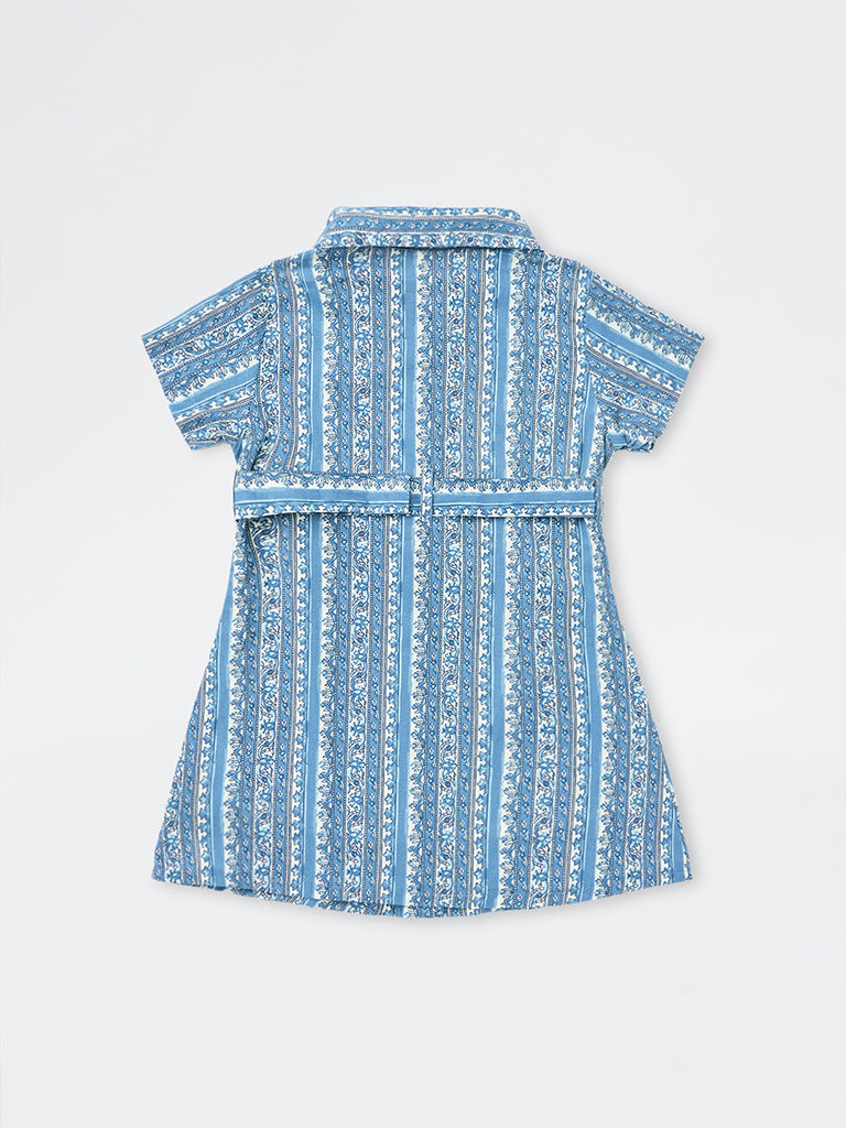 Utsa Kids Girls Blue Floral Printed Cotton Shirt Dress with Belt (2-8 yrs)