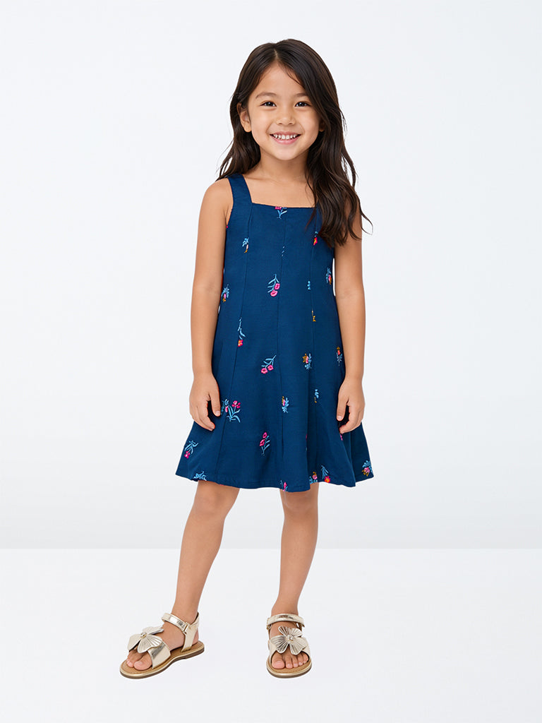 Utsa Kids Girls Dark Blue Floral Embroidered A-Line Dress - (2-8 yrs)