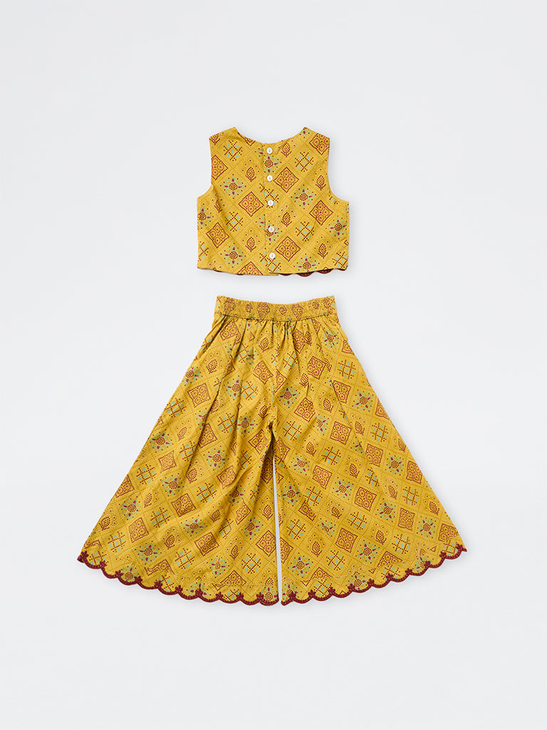 Utsa Kids Girls Yellow Printed Cotton Crop Top with Flared Palazzo Set - (2-8 yrs)
