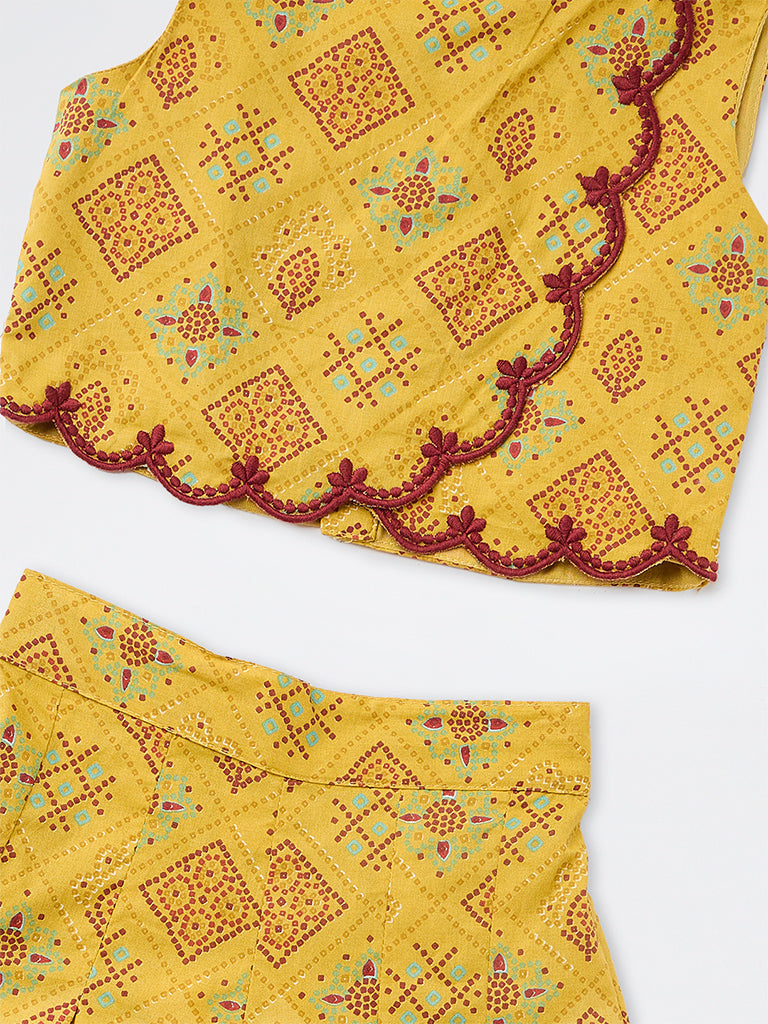 Utsa Kids Girls Yellow Printed Cotton Crop Top with Flared Palazzo Set - (2-8 yrs)