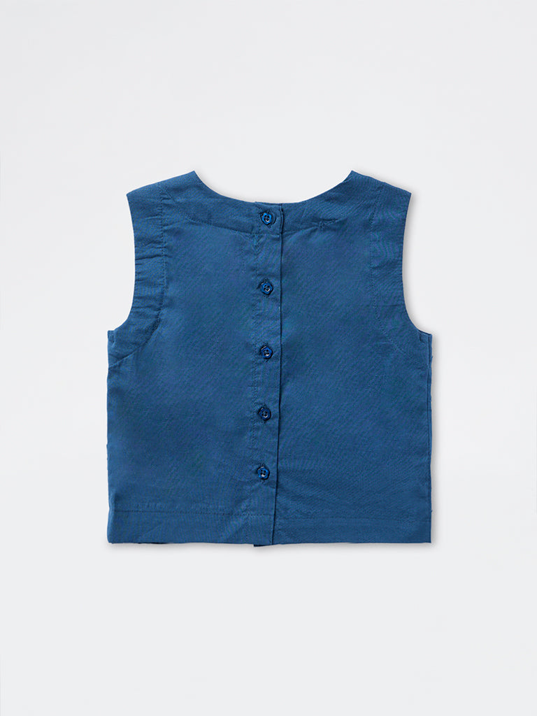 Utsa Kids Girls Dark Blue Floral Embroidered Cotton Top - (2-8 yrs)