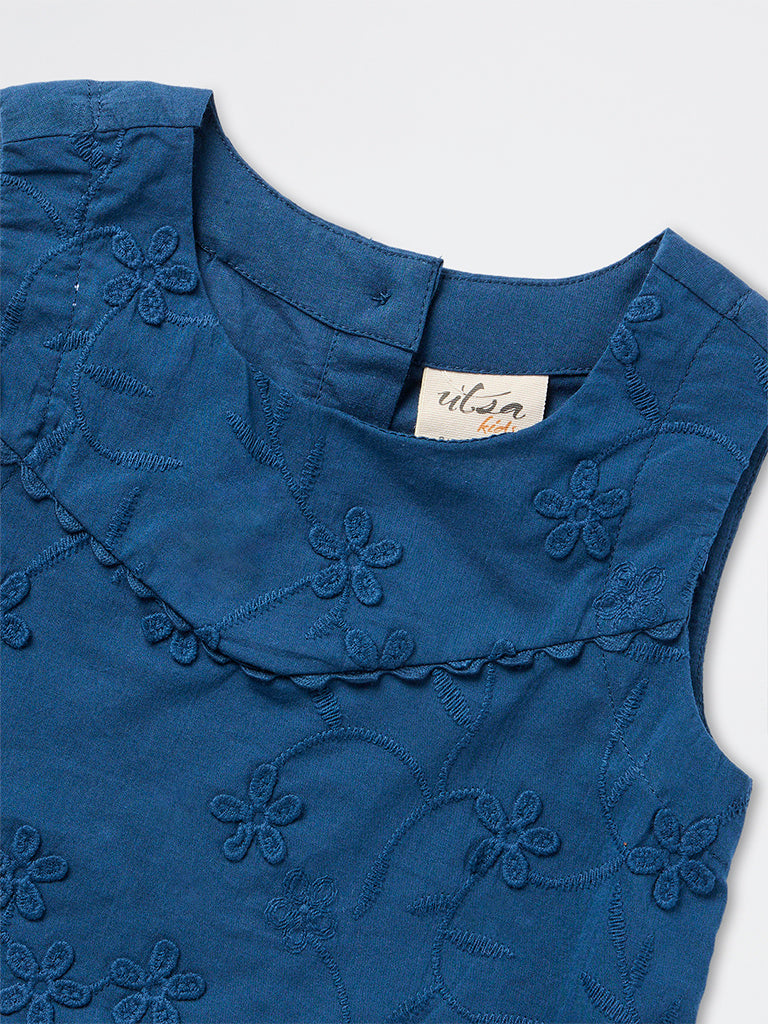 Utsa Kids Girls Dark Blue Floral Embroidered Cotton Top - (2-8 yrs)