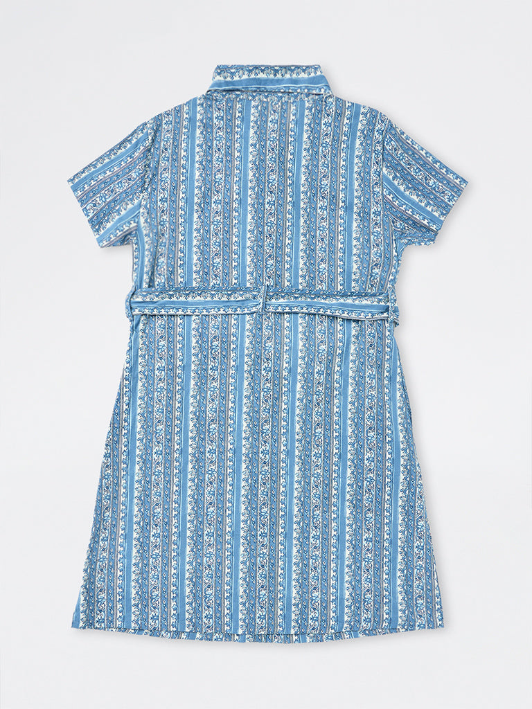 Utsa Kids Girls Blue Floral Pattern Cotton Shirt Dress with Belt (8-14 yrs)