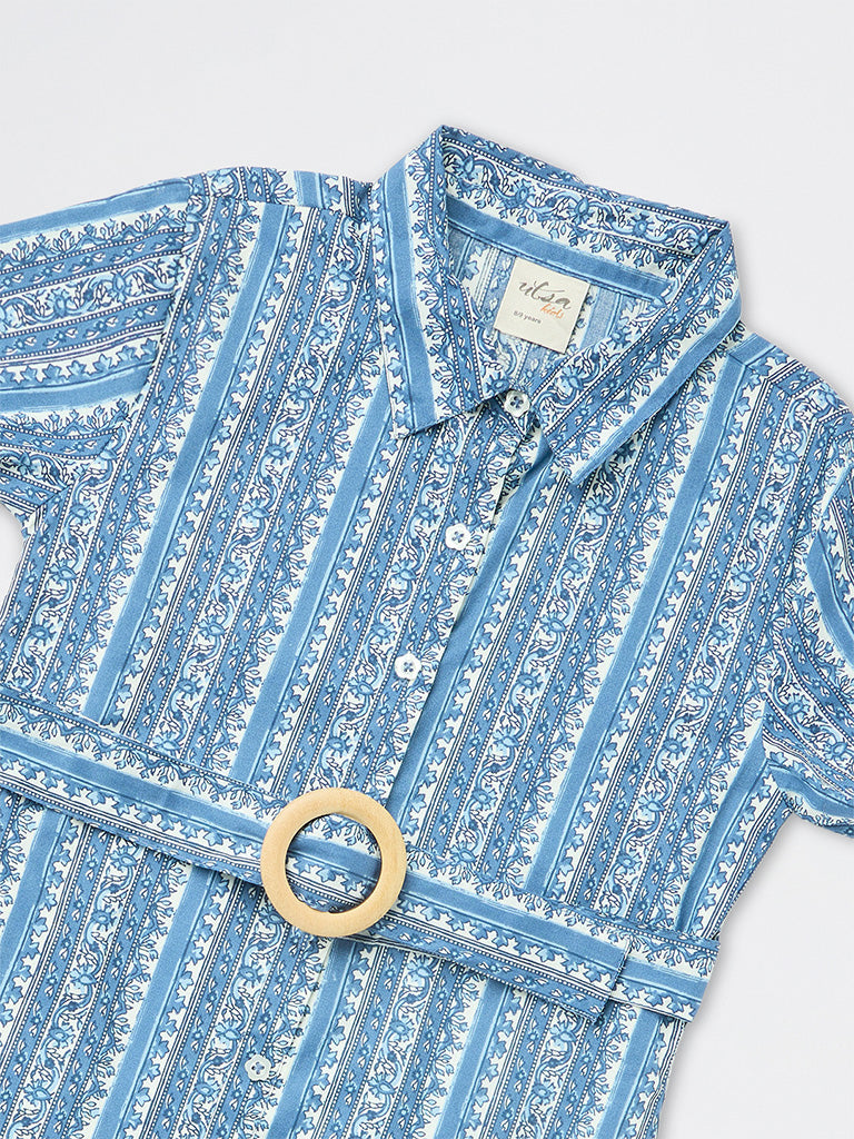 Utsa Kids Girls Blue Floral Pattern Cotton Shirt Dress with Belt (8-14 yrs)