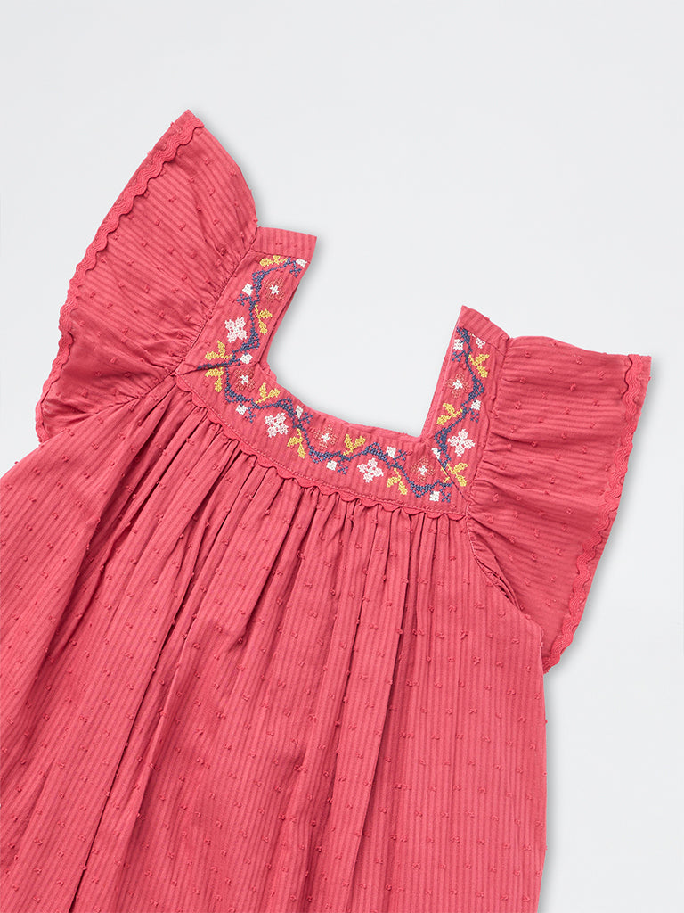 Utsa Kids Girls Pink Floral Embroidered Cotton A-Line Dress (8-14 yrs)
