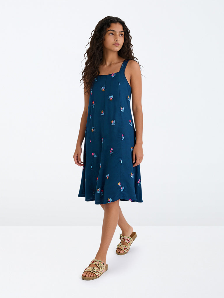 Utsa Kids Girls Dark Blue Floral Embroidered A-Line Dress - (8-14 yrs)