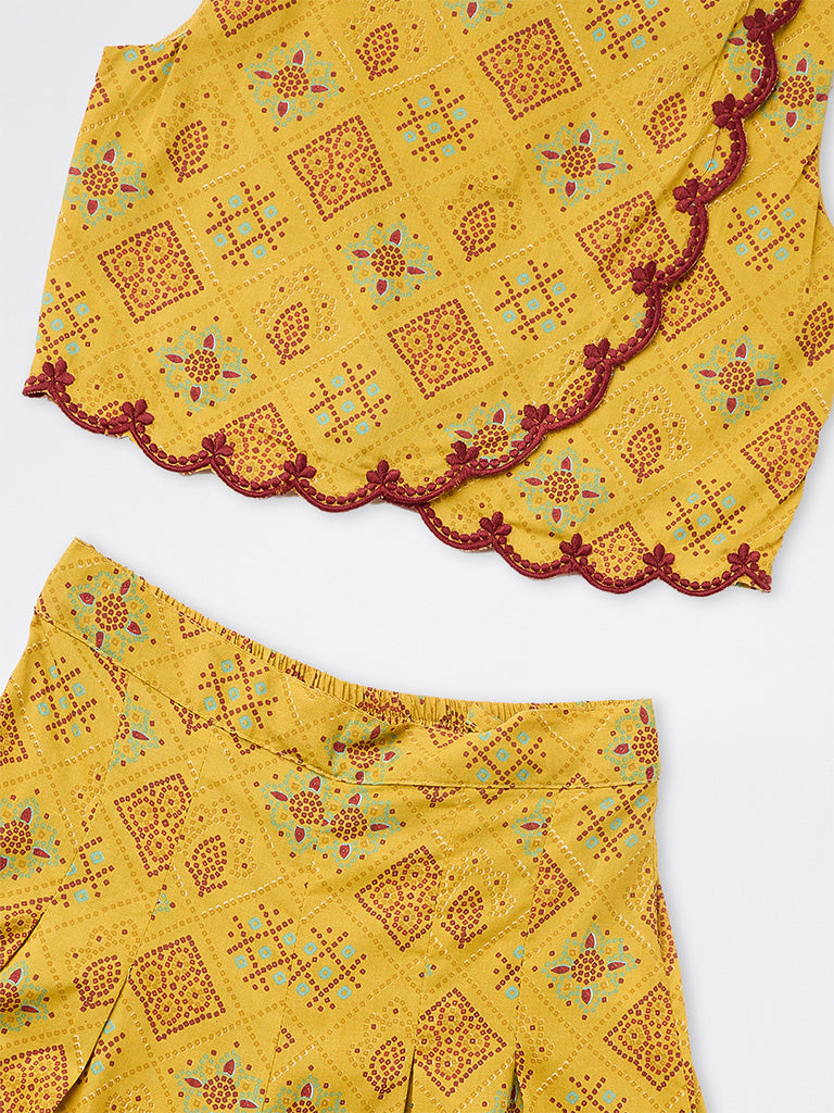 Utsa Kids Girls Yellow Printed Cotton Crop Top with Palazzo Set (8-14 yrs)