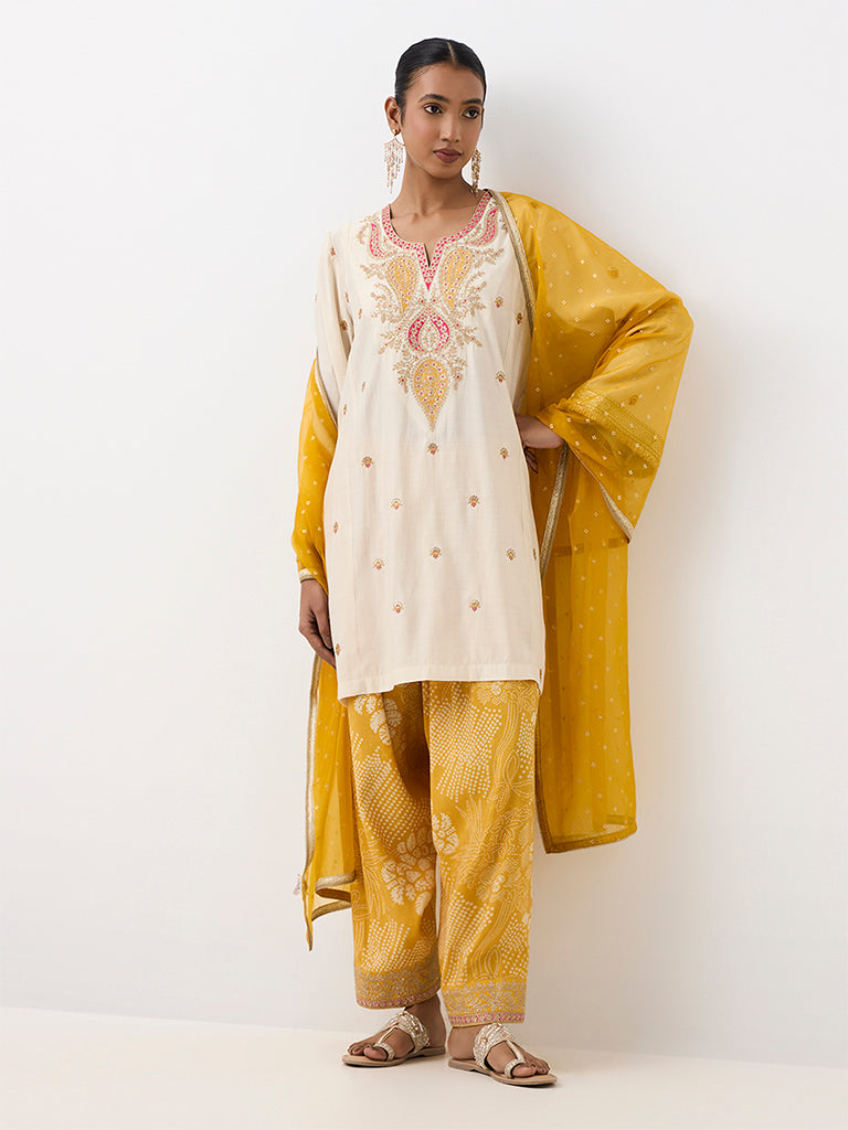 Vark Cream Paisley Embroidered Straight Ethnic Set