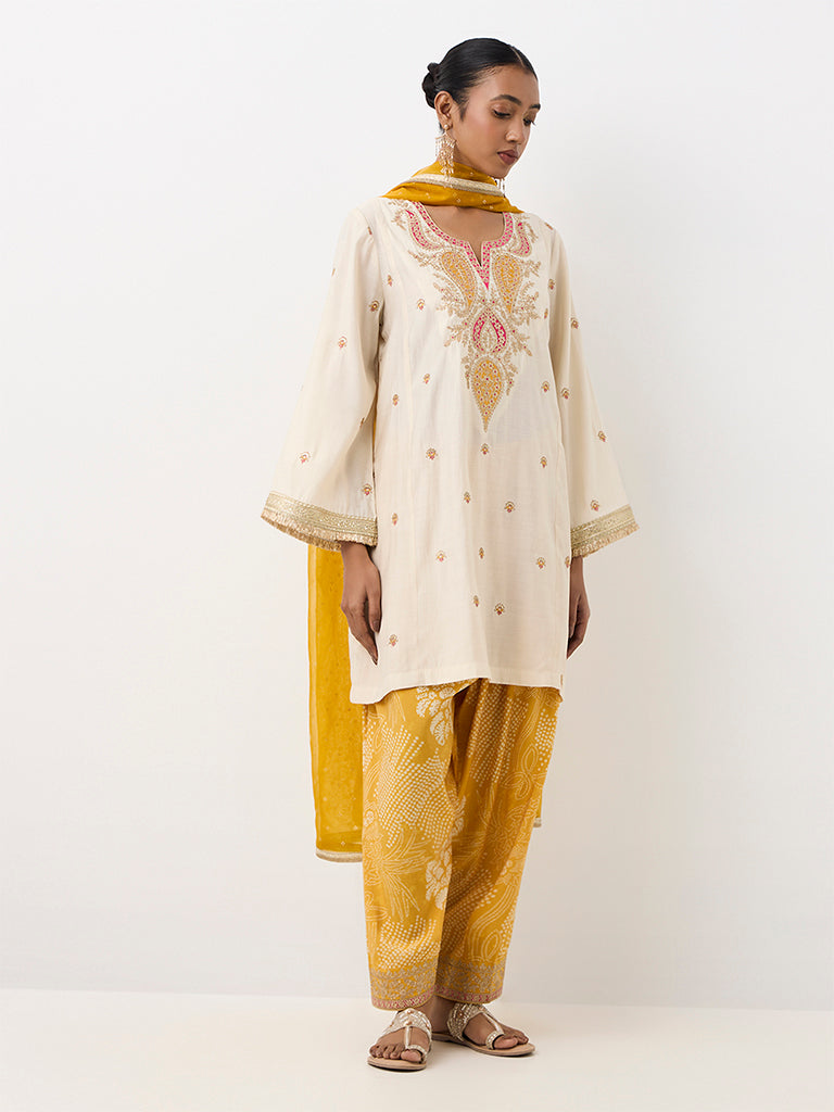 Vark Cream Paisley Embroidered Straight Ethnic Set