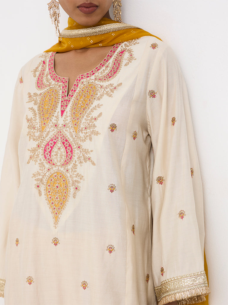 Vark Cream Paisley Embroidered Straight Ethnic Set