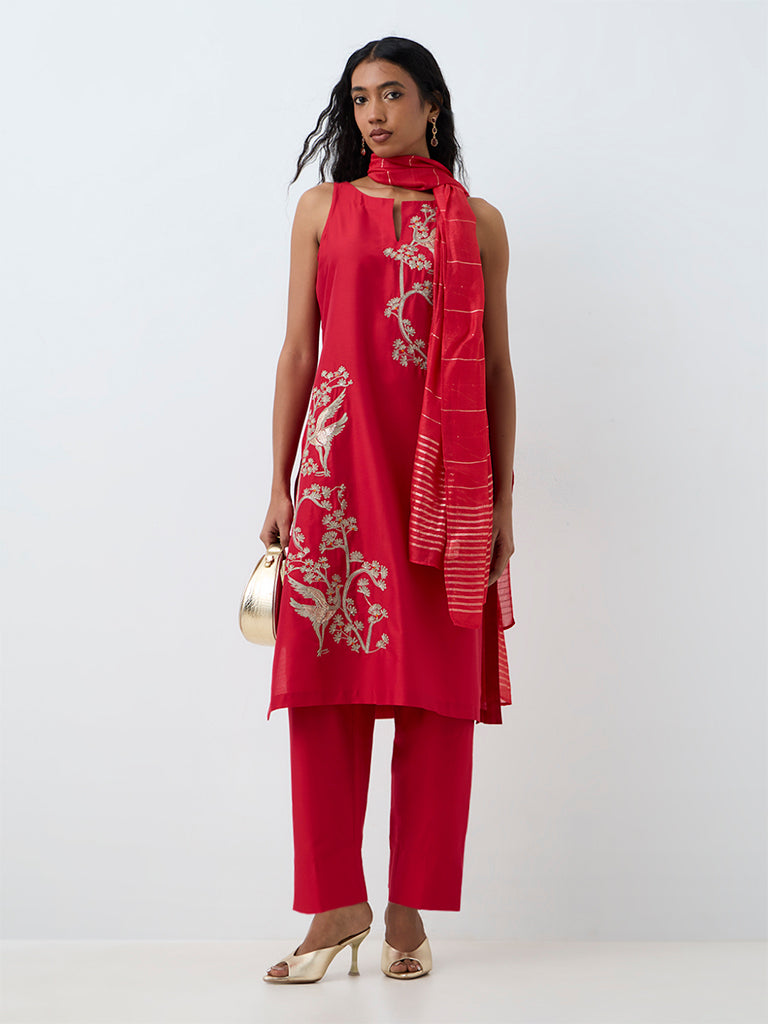 Vark Red Nature Embroidered A-Line Ethnic Set