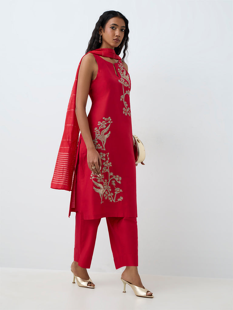 Vark Red Nature Embroidered A-Line Ethnic Set