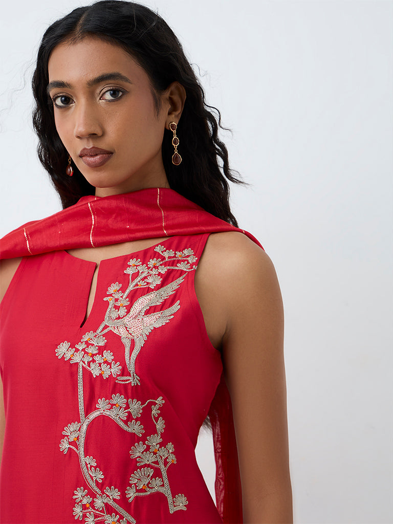 Vark Red Nature Embroidered A-Line Ethnic Set