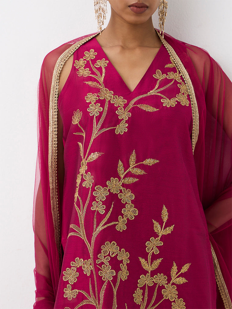 Vark Magenta Foliage Embroidered A-Line Ethnic Set