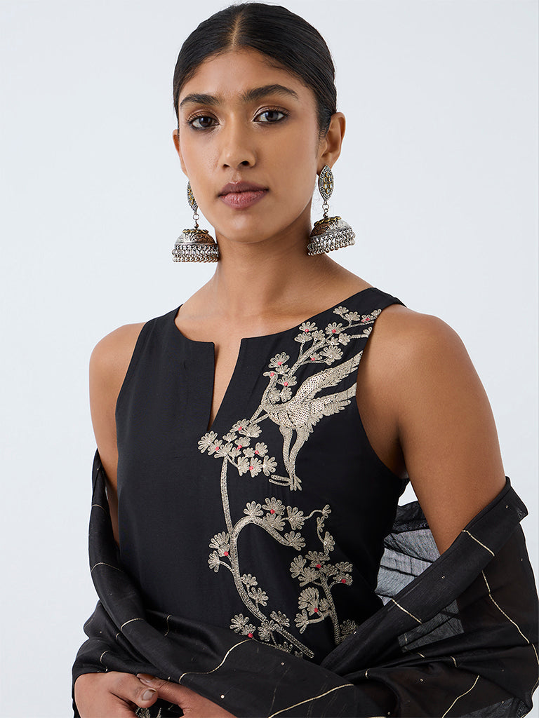 Vark Black Nature Embroidered A-Line Ethnic Set