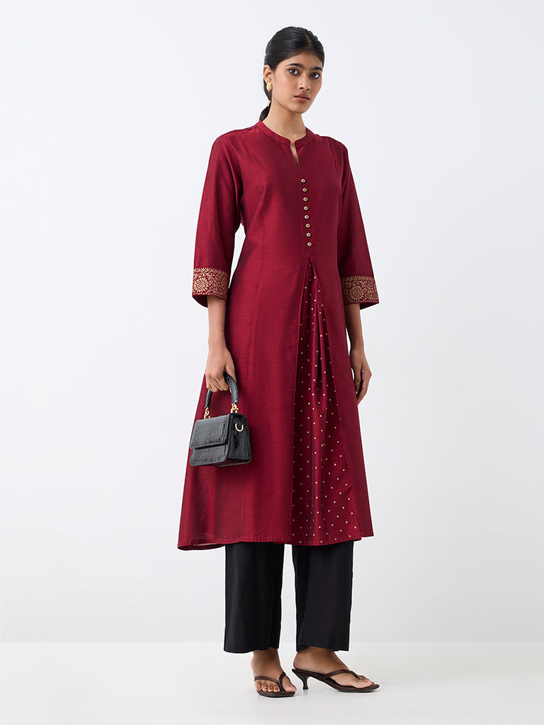 Utsa Burgundy Panelled Fit-and-Flare Kurta