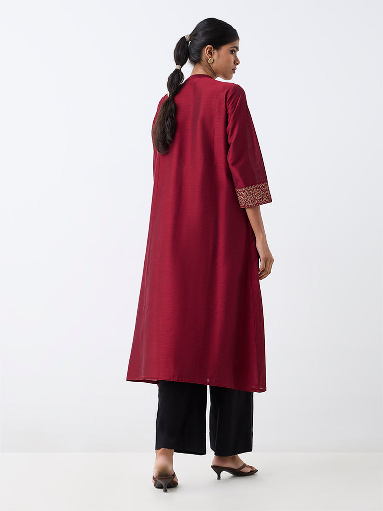 Utsa Burgundy Panelled Fit-and-Flare Kurta