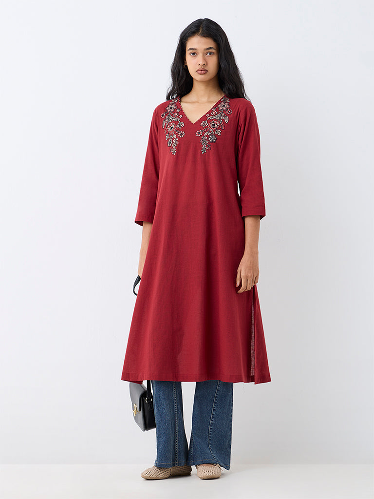 Utsa Red Floral Embroidered Flared Cotton Kurta