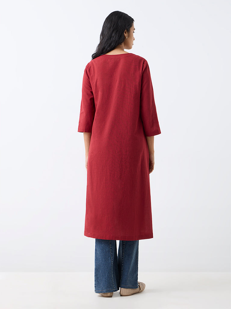 Utsa Red Floral Embroidered Flared Cotton Kurta