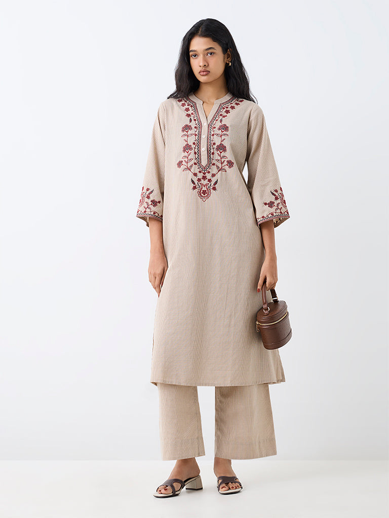 Utsa Light Beige Floral Embroidered Cotton-Blend A-Line Kurta