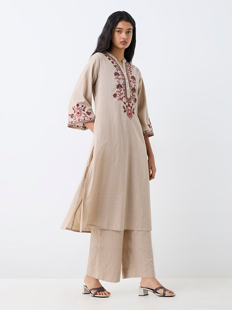 Utsa Light Beige Floral Embroidered Cotton-Blend A-Line Kurta