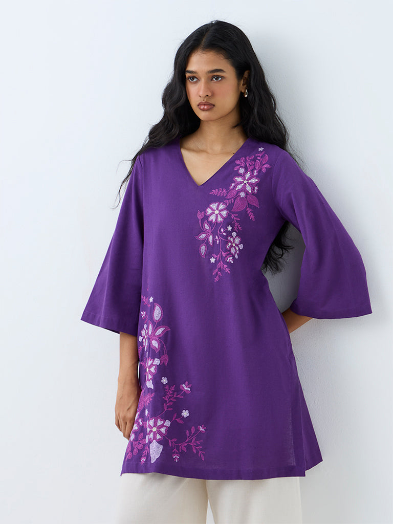 Utsa Purple Floral Embroidered Cotton-Blend A-Line Kurta