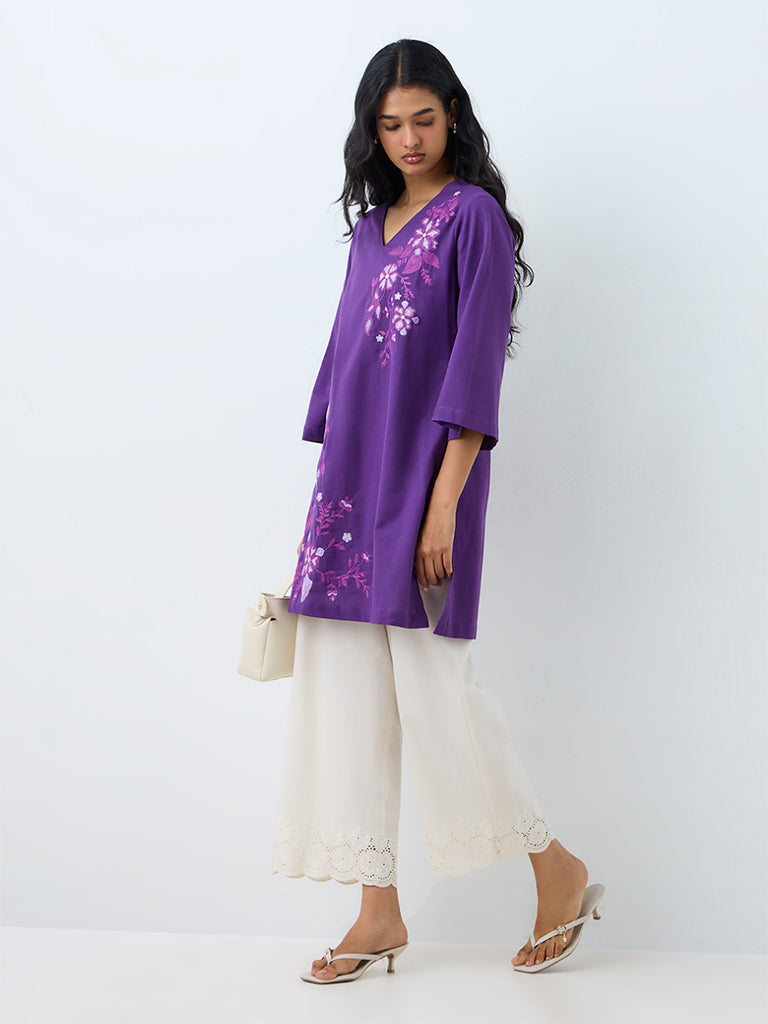 Utsa Purple Floral Embroidered Cotton-Blend A-Line Kurta