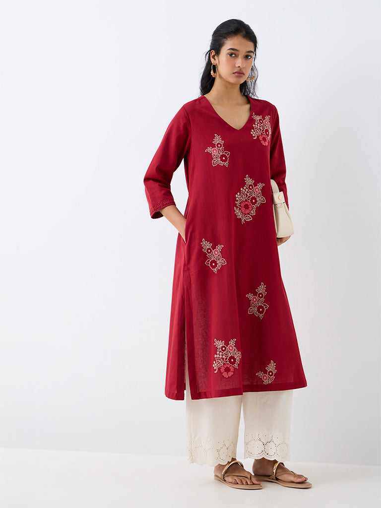 Utsa Red Floral Embroidered A-Line Kurta