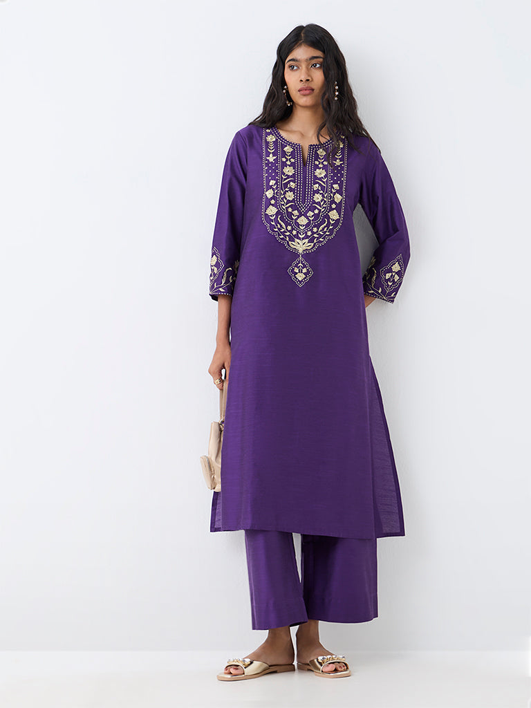 Utsa Violet Floral Embroidered A-Line Kurta