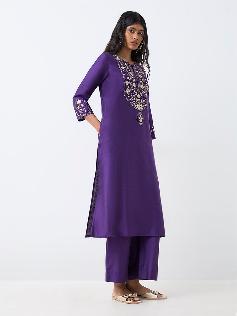 Utsa Violet Floral Embroidered A-Line Kurta